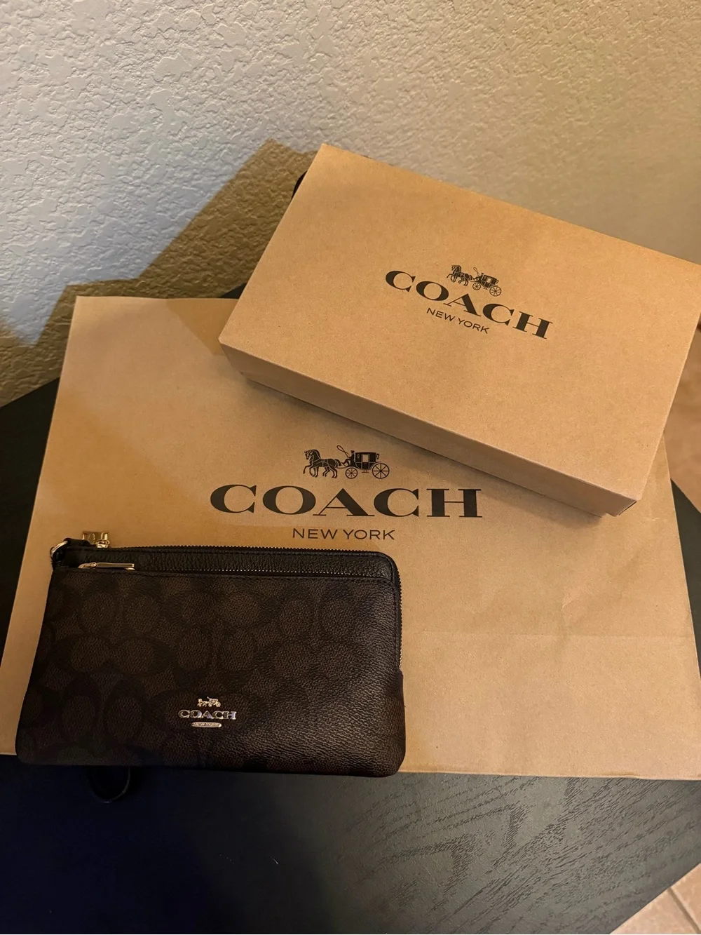 Coach Brown Signature Zip Wristlet Pouch